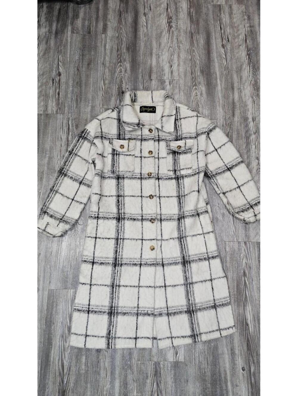 SPOON Fuzzy White Black Stripe Long Coat Jacket Women’s Size 25x43
